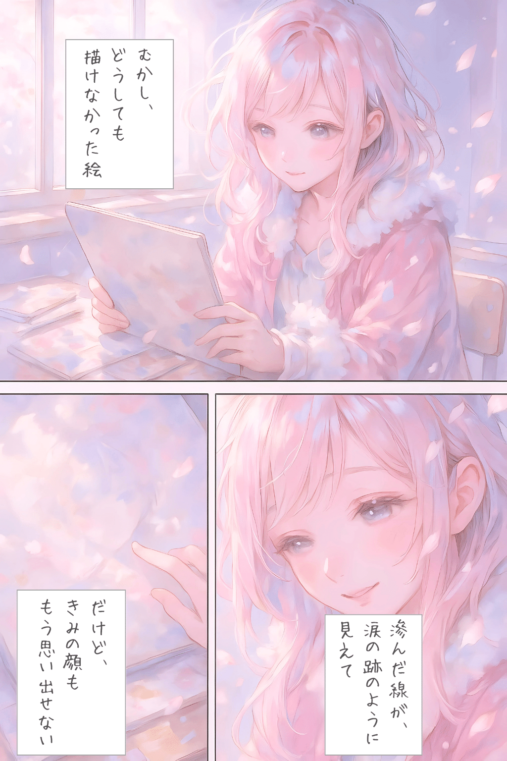 描きかけのスケッチは、少しだけ滲んでた【AIイラスト＋4コマ漫画