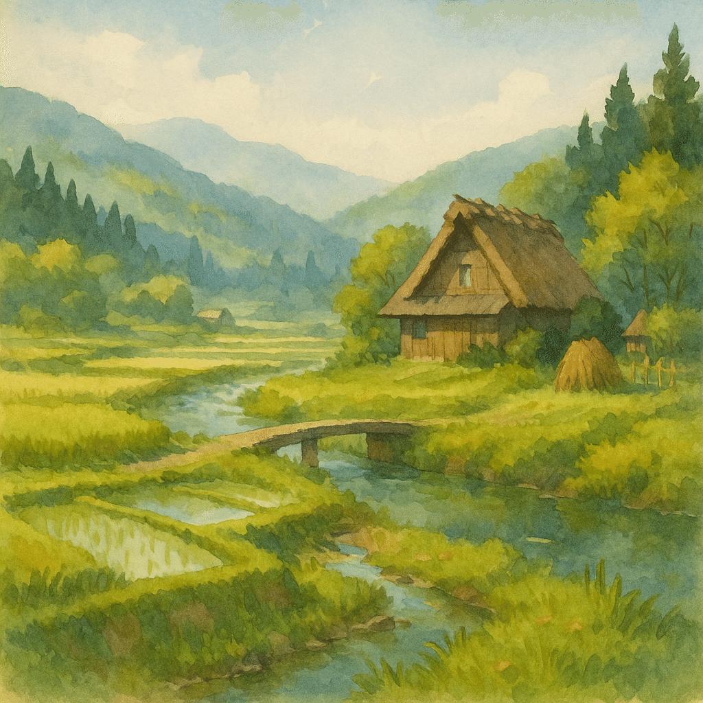 初心者】ChatGPTに田舎の風景画をキーワードに水彩画を作ってもらって