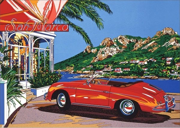 コートダジュールの小高い丘 Red PORSCHE」鈴木英人 1994年 シルク