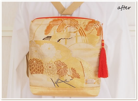 着物帯リメイク】お母さまのお太鼓帯を、ちょこっと背負えるお洒落な