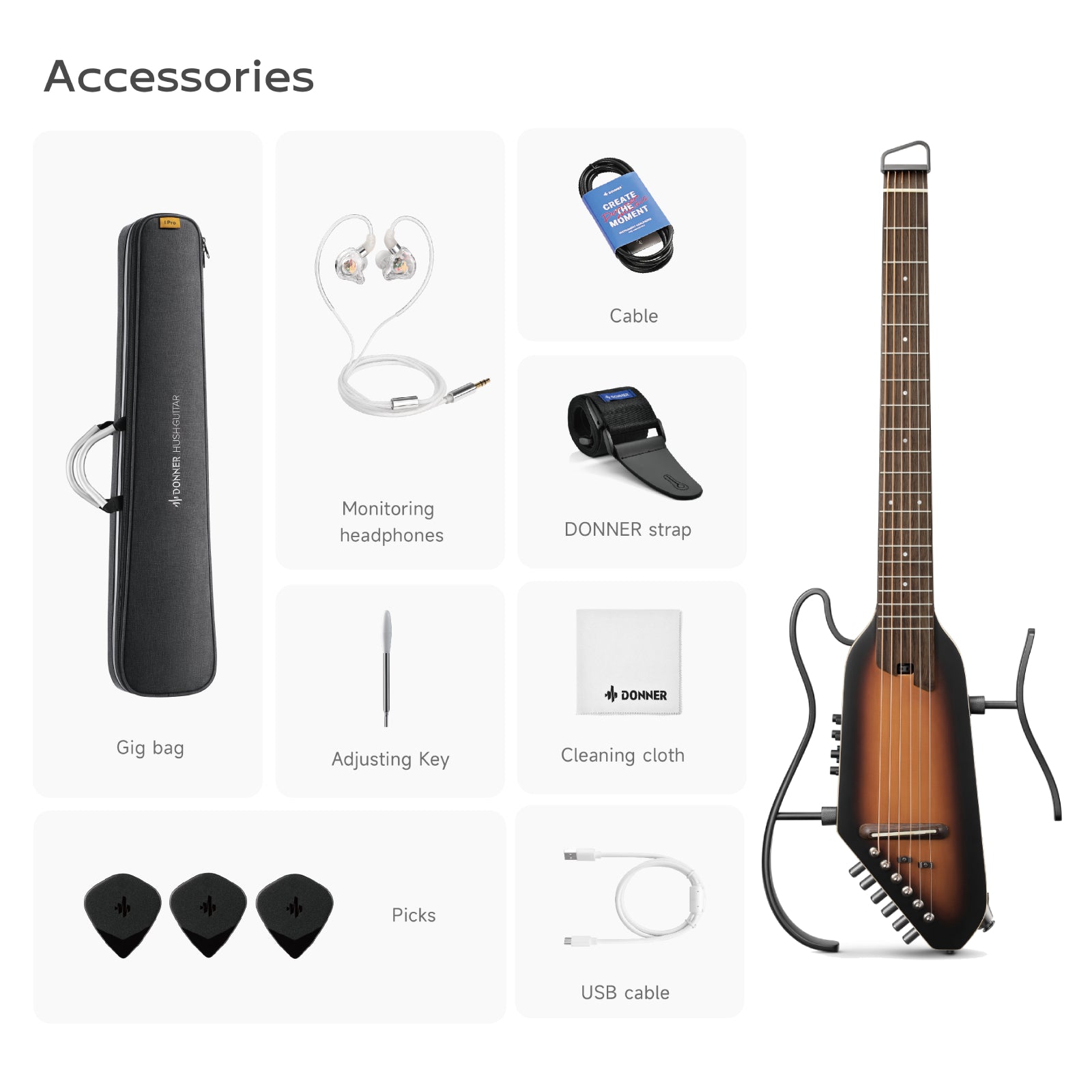 HUSH-I PRO Travel Guitar / Acoustic-Electric Kit with Effects – Donner