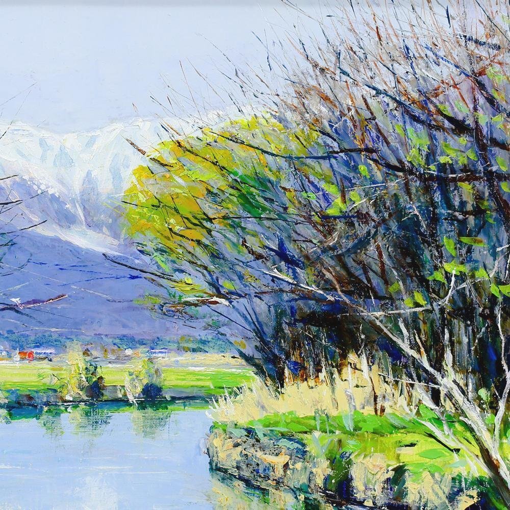 真作】【WISH】高橋一善「安曇野の清流」油彩 6号 山河風景 〇大調和会