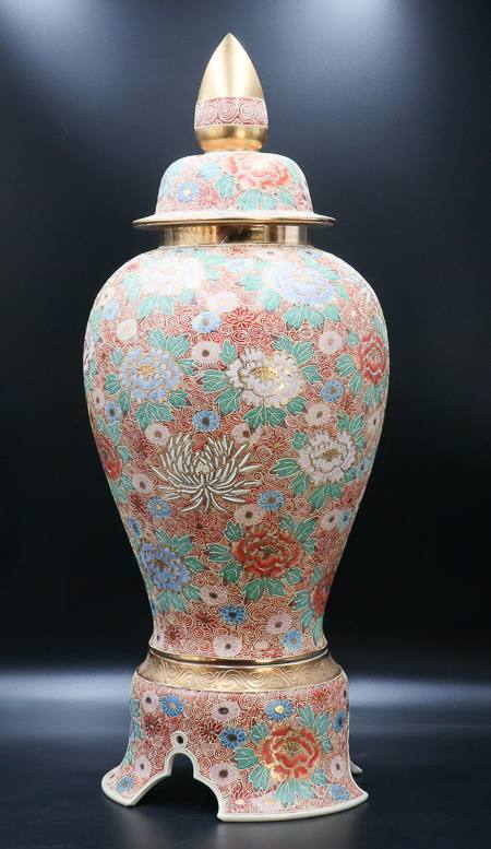 宙】古美術品 九谷焼 花尽図沈降壺 特大82cm 飾壺 沈香壺 細密細工 唐