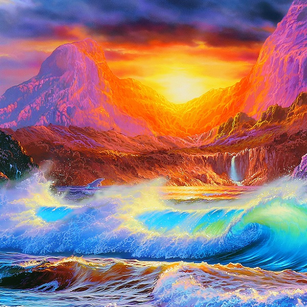 クリスチャン・ラッセン 手彩入大型版画 隠れイルカ 豪華額装 本物保証