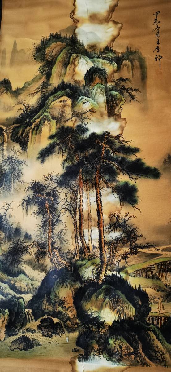 中国古美術.清時代.王原祁款.山水図.宣紙画.三尺手描き.肉筆.掛け軸 【