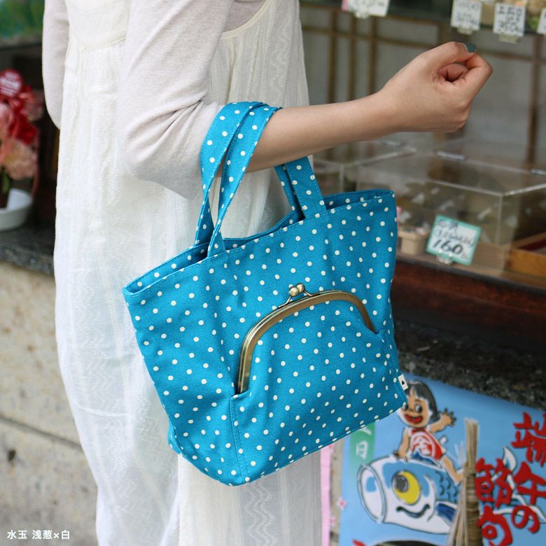 受注生産品】がま口ポケット付きミニトートバッグ【帆布・水玉/唐草