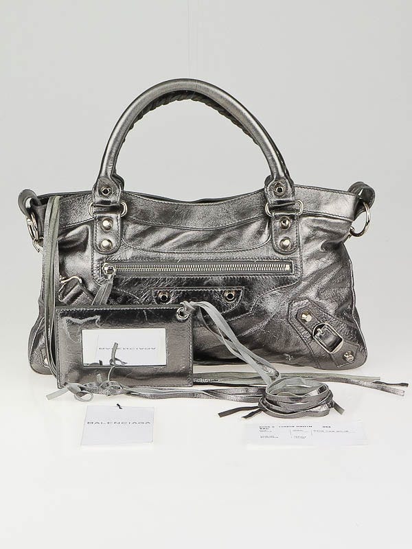 Balenciaga Pewter Metallic Leather Motorcycle First Bag | Yoogi's
