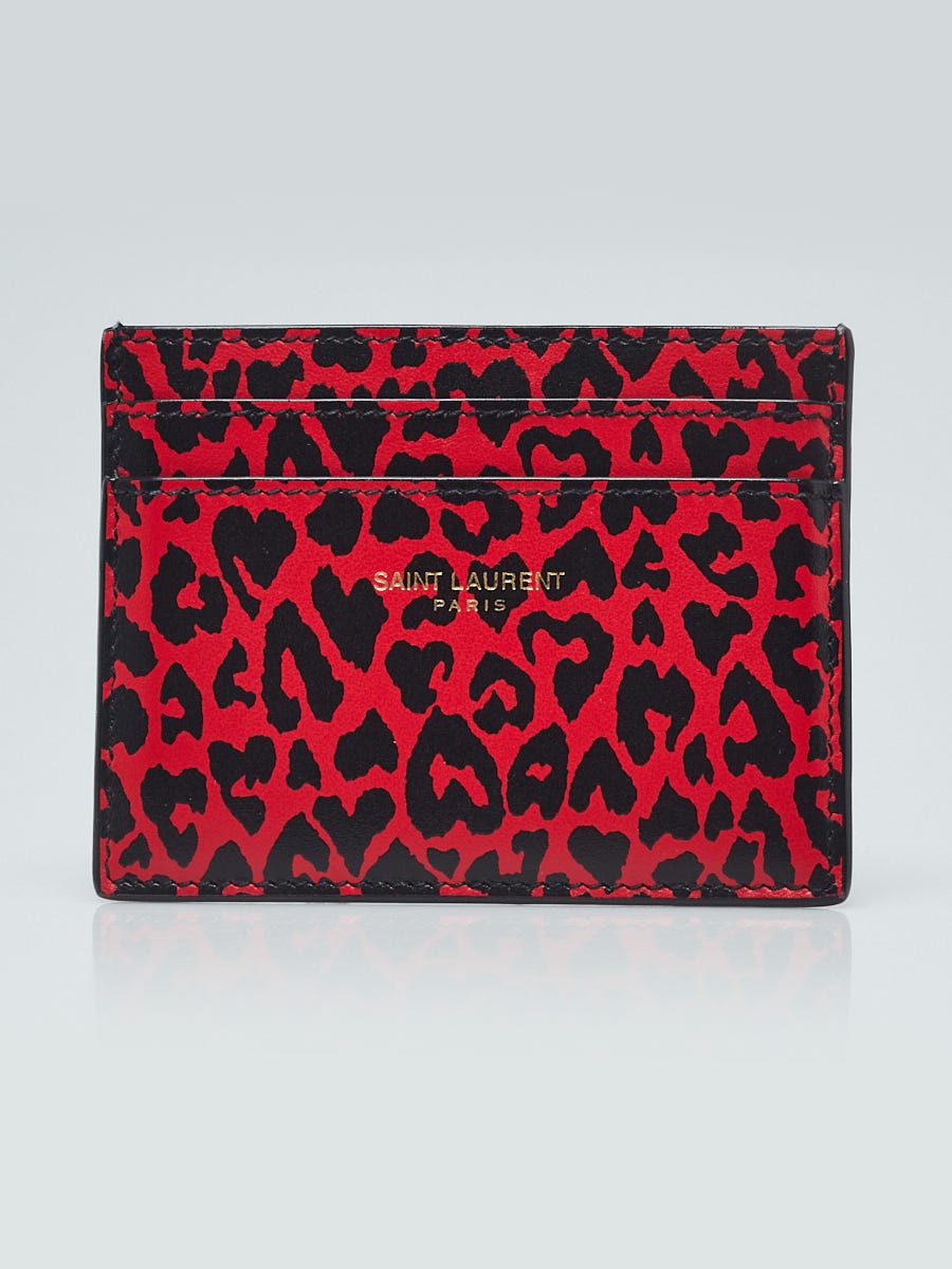 Yves Saint Laurent Black/Red Leather Leopard Print Card Holder