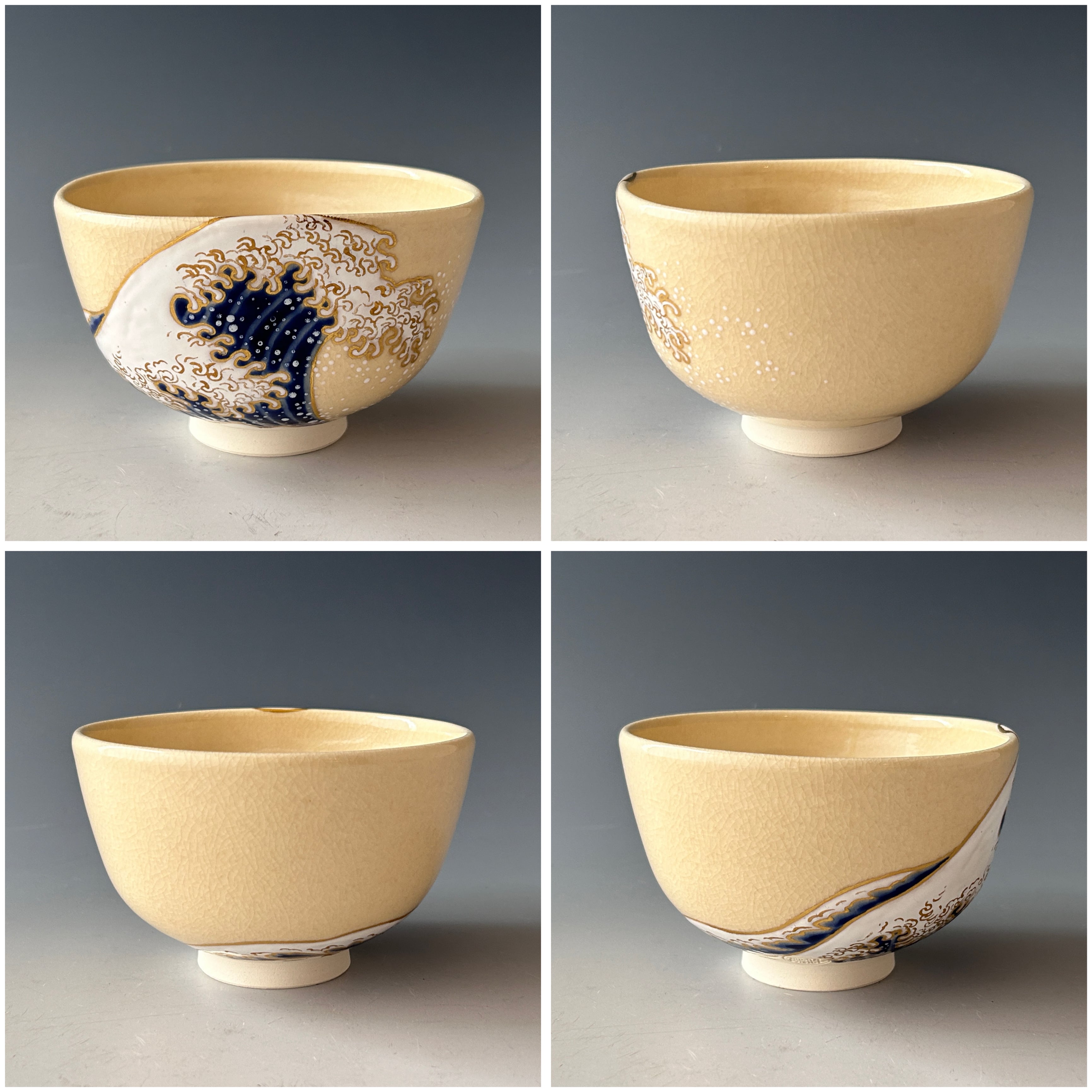 茶道具 色絵 波絵 茶碗 山川巌 共箱 京焼 陶芸 薄茶 夏 粟田焼 稽古