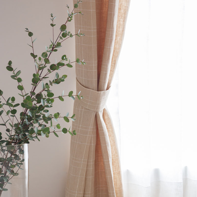 気軽に楽しめる刺繍のリネンカーテン [チェック ナチュラル] リネン100