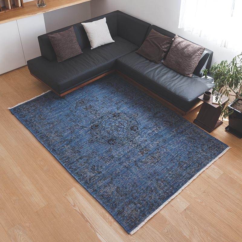 ヴィンテージ風ラグ ウール100％の青いラグ [DP03ブルー] | ボー