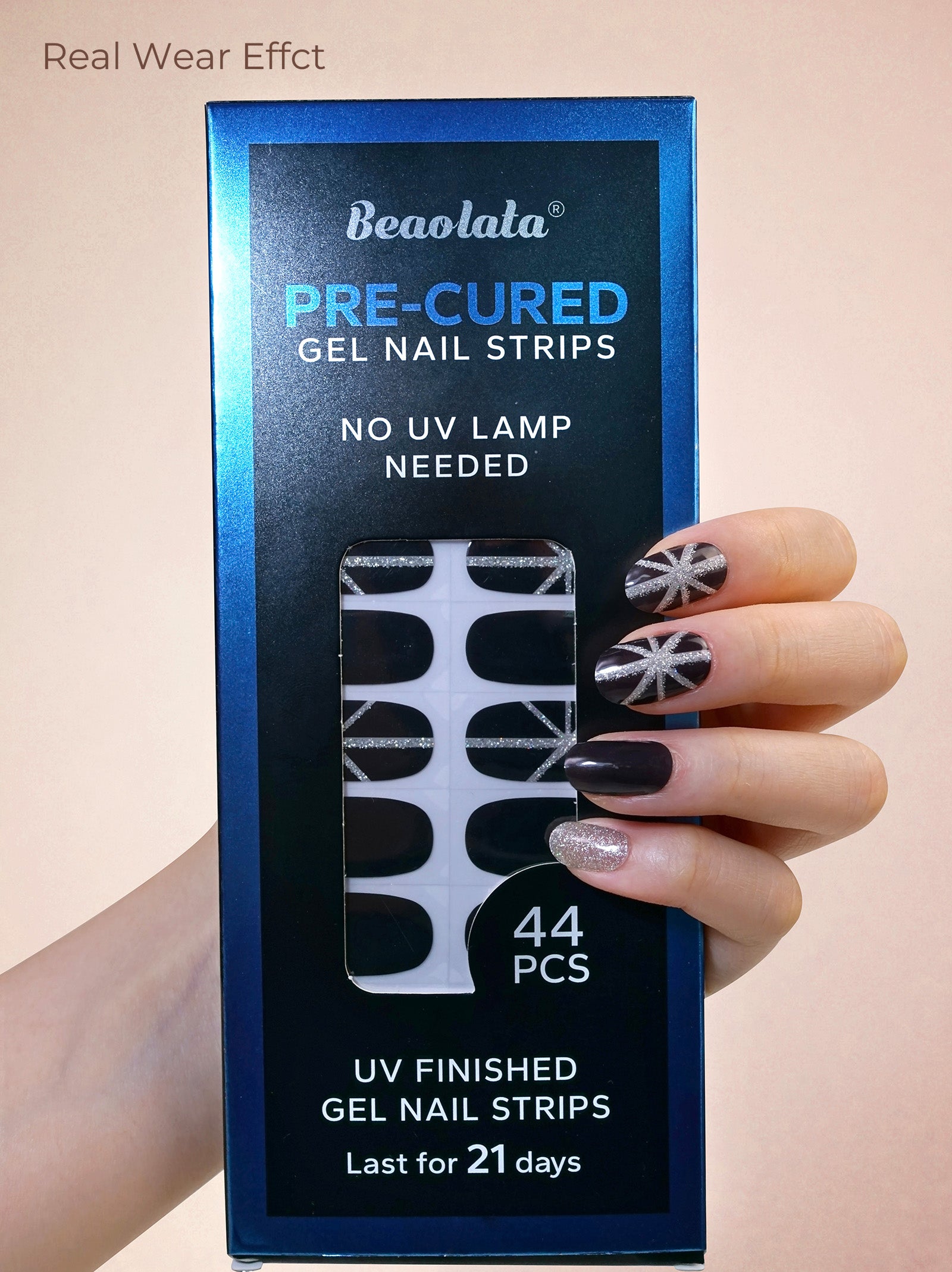 Bold black gel nail stickers with silver glitter art accents