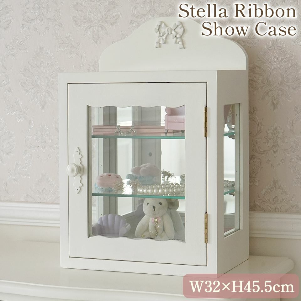 ステラリボン 姫系 ガラスショーケース 卓上 ホワイト 幅32cm｜ロココ