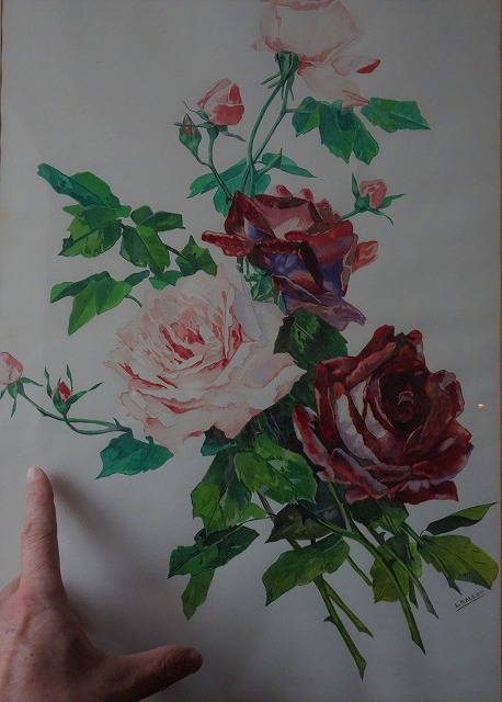 西洋アンティーク フランス 薔薇の絵 水彩・ガッシュ・サイン アート