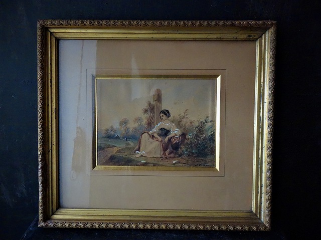 西洋アンティーク フランス 19世紀 ロマン派水彩画 金彩額 アート