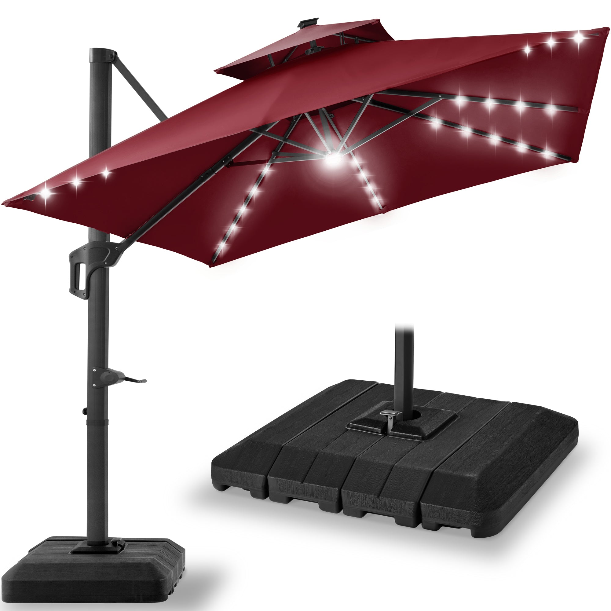 2-Tier Square LED Cantilever Offset Umbrella w/ 360 Rotation, Base