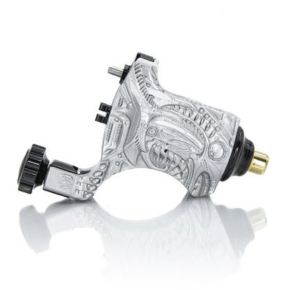 V6 Platinum Silver Bio-Mech — Hand-Engraved Bishop Rotary Tattoo Machi