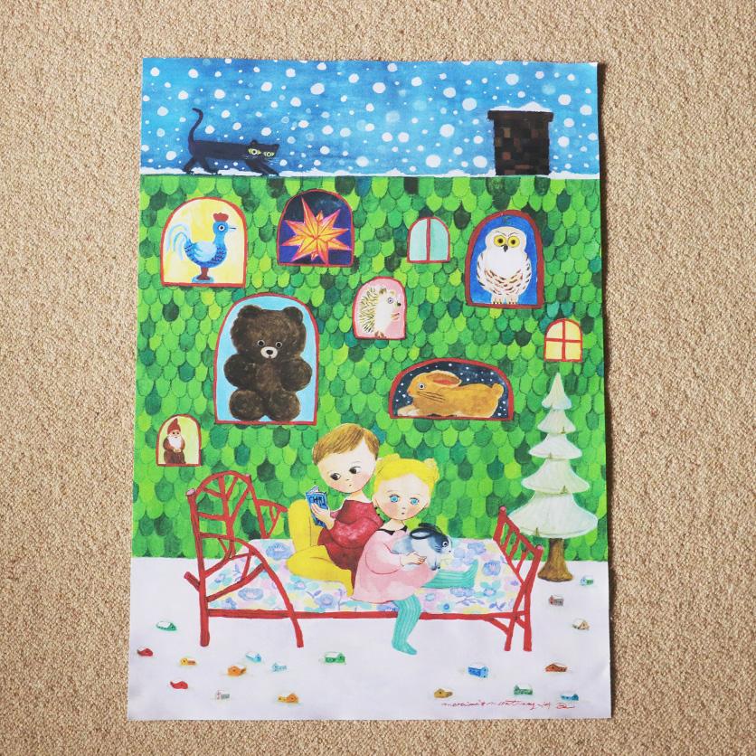 ファブリックポスター：雪の夜 赤いベッド（marini＊monteany