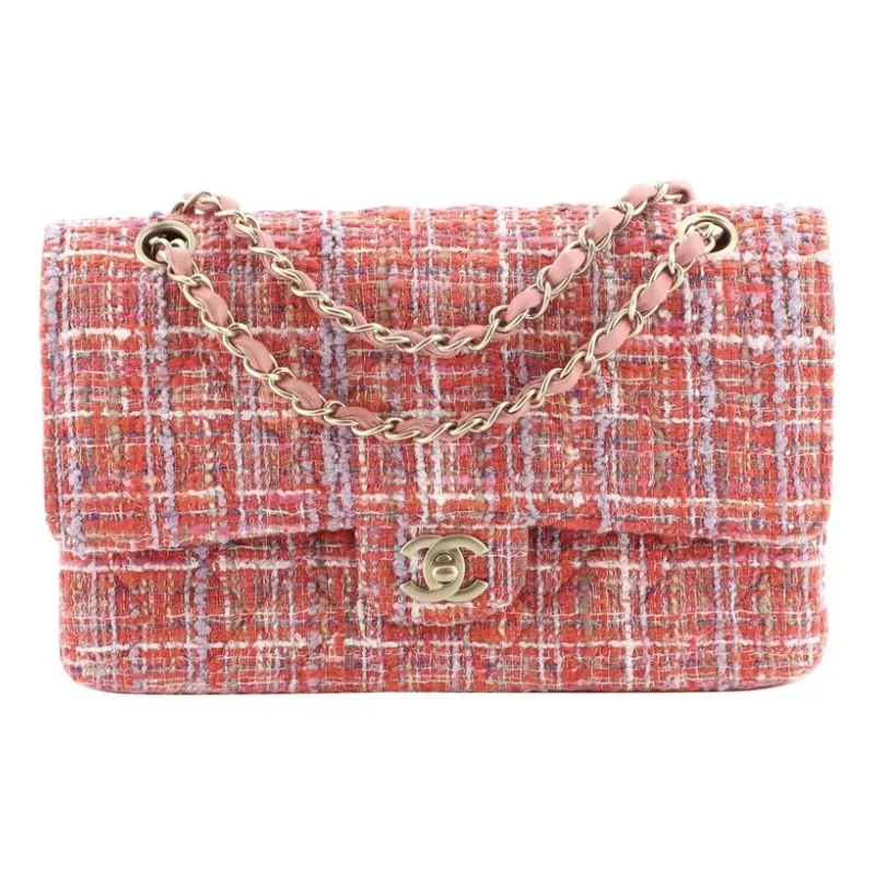 Wフラップ チェーンショルダー バッグ マトラッセ ツイード ピンク