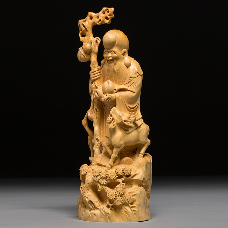 仏像専門店 仏像屋 / 天然ツゲ 黄楊 柘植 木彫り彫刻寿老人像 福禄寿立像