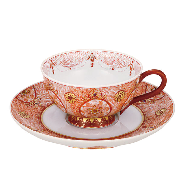 米久窯 九谷焼 「赤絵細描唐華文 紅茶碗皿」 肉筆で描かれた細密模様