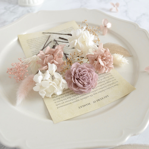 ☆人気1位【麗しのプリザーブドフラワー髪飾り｜くすみピンク・白