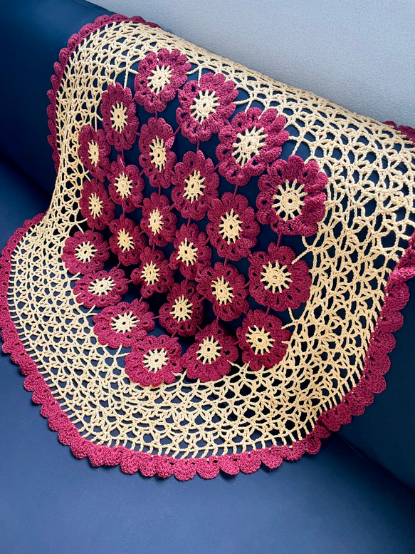 手編み 北欧風 花 モチーフ編み ブランケット ひざ掛け ギフト 赤 黄色