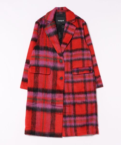 レッドタータンチェック Vネックロングウールコート 韓国風