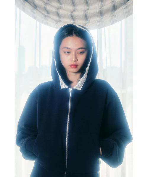 セール】Compact lace zip hoodie / レース付きコンパクトジップ