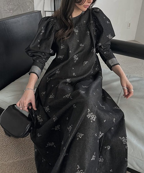 flower print volume gather sleeve denim OP（ワンピース