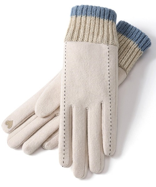 セール】レディース 裏起毛ステッチ風バイカラーリブ手袋 スマホ対応