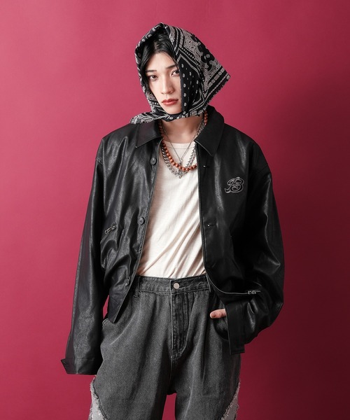 セール】a.p.o.v. ワンポイントロゴ刺繍ショート丈合成皮革ジャケット