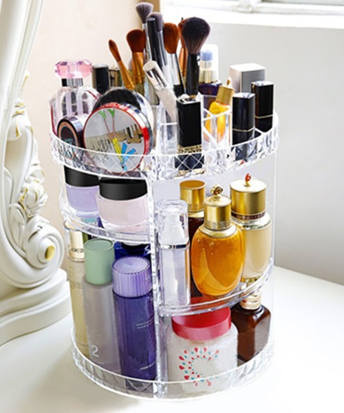 セール】360度回転式 6段階高さ調節 大容量クリアコスメボックス 収納