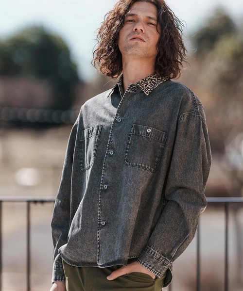 ms6023-レオパード襟切替ケミカルウォッシュ加工デニムシャツ（シャツ