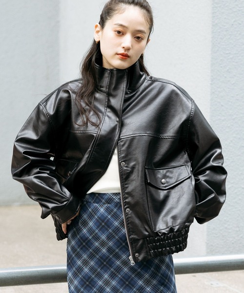 セール】＜選べる2デザイン＞スタンドカラー/フェイクレザージャケット