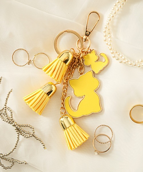 タッセル付きPUレザープレートチャーム猫モチーフ（チャーム