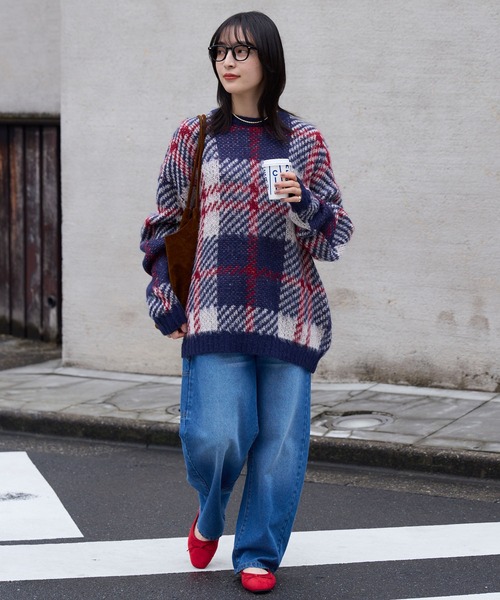 チェック柄ジャガード ビッグシルエット クルーネック ウォッシャブル