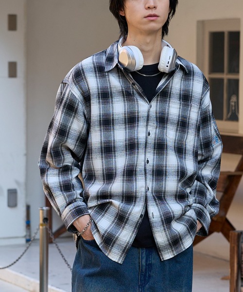 セール】オーバーサイズ レギュラーカラーオンブレチェックシャツ