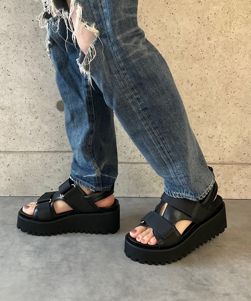 本革/厚底/6cm】キャタピラーソール ベルクロサンダル ALL BLACK