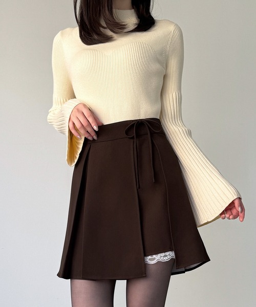 セール】サイドリボンラップ風プリーツレーススカパン（スカート