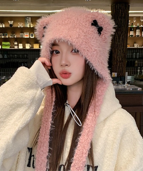 SPIGA（スピーガ）の「シャギーリボンモチーフ猫耳ひも付帽子（ニット