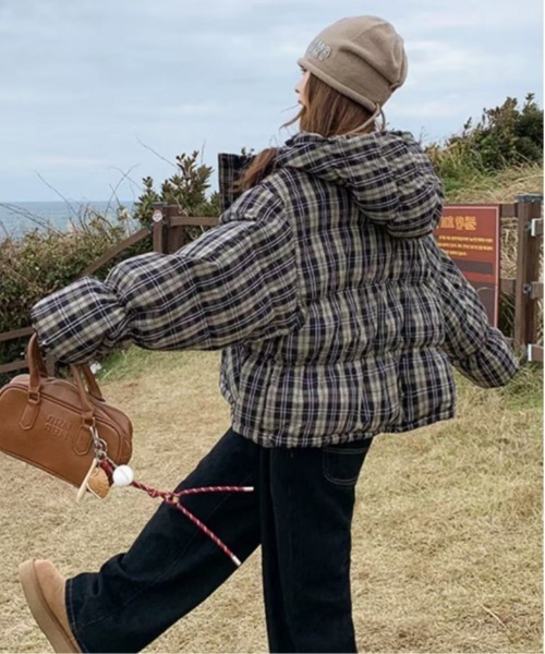 セール】チェック柄フード付き中綿ジャケット（ダウンジャケット