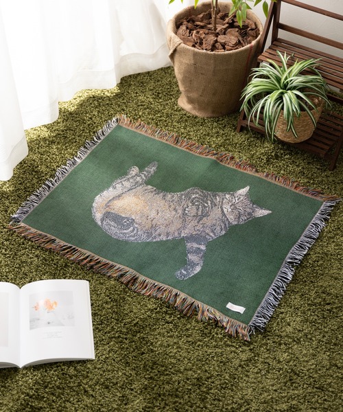 セール】猫柄 ジャガード織 ラグ マット スローケット 50x70cm（ラグ
