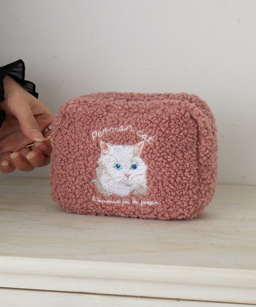 セール】【SETUP7】e.e.p.ボア アニマル刺繍 ポーチ 猫 ペルシャ