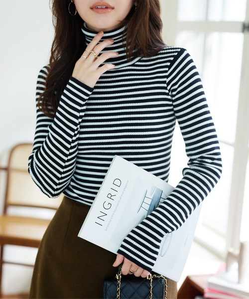 セール】ベーシック長袖リブタートルネックニットトップス（ニット