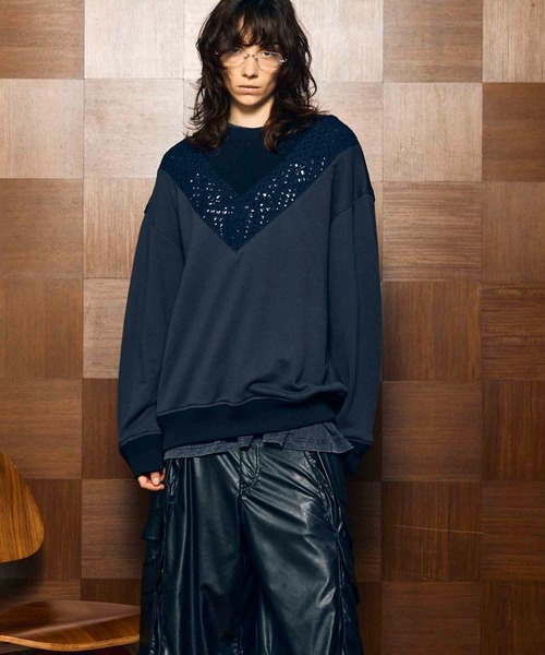 UNISEX》Lace Knit V-Switching Combination Sweat Crew Neck Pullover