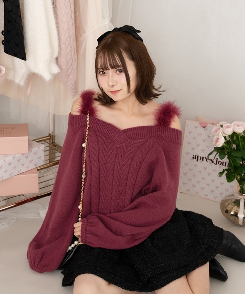 セール】【7周年限定アイテム】フェイクファー付きケーブルニット
