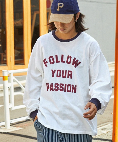 ヴィンテージライクロゴデザイン ビッグシルエットリンガー長袖Tシャツ