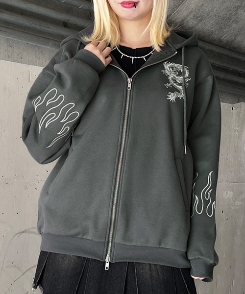 セール】【裏起毛】ドラゴン刺繍ビッグZIPパーカー（パーカー
