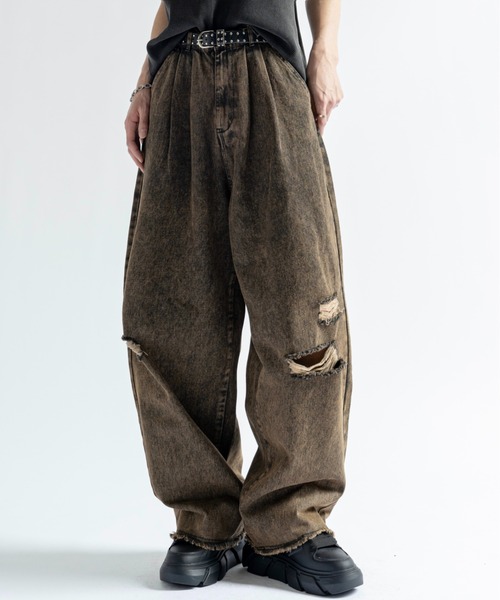 セール】Vintage Like Chemical Wash Damaged Color Denim